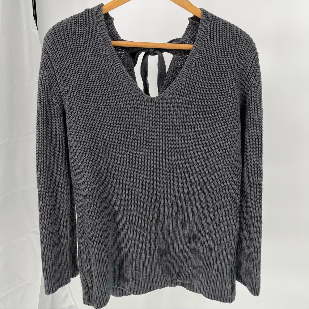 Pact Tie-Back Organic Cotton Sweater Size M Gray Waffle Knit Pullover